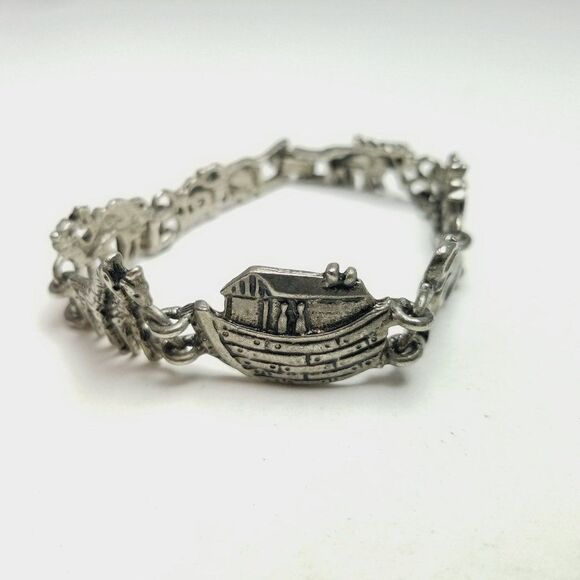 Vintage Noahs Arc Charm Bracelet, Silver Tone Metal LInks Biblical Story Classic - Picture 2 of 6